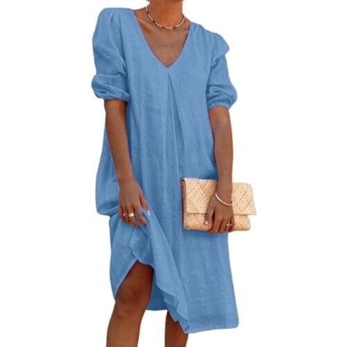 V-Neck Mid-Calf Puff Half Sleeve Solid Color Women Midi Dress Streetwear Summer Casual Elegant Lady Vestido Fashion Female Dress