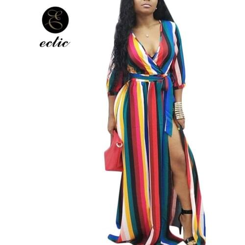 Rainbow Stripe Print Dress Off Shoulder Convertible Plunging Neckline Dress Sukienka High Split Dress Women Long Sleeve Keyhole