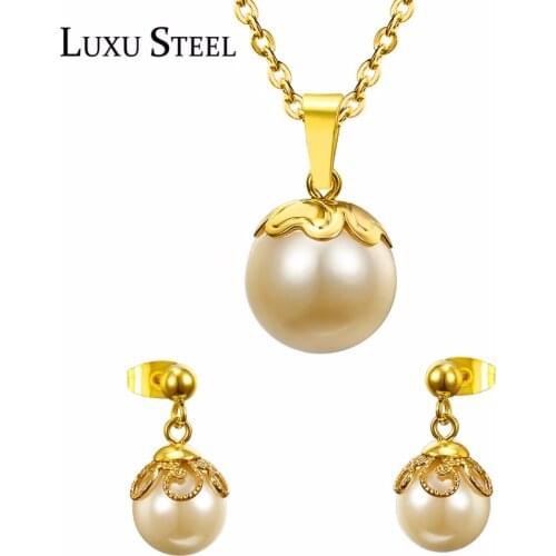 LUXUSTEEL collares mujer Fake Round Imitaiton Pearl Pendant Necklace Earring Brinco Fashion bridal jewelry sets Stainless Steel