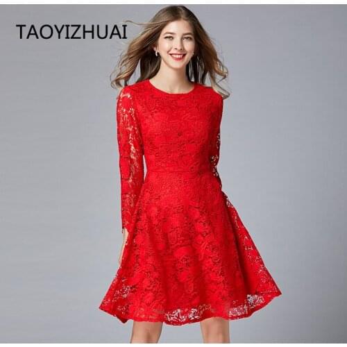 TAOYIZHUAI Brand Plus Size Christmas Dresses Women Sexy Hollow Out Crochet Lace Floral Party Red High Waist Dress