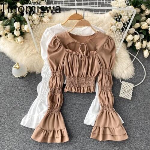 Tinomiswa Slim Waist French Style Blouse Women High Street O Neck Lace Up Hollow Out Long Sleeve Shirts Solid Color Black Tops