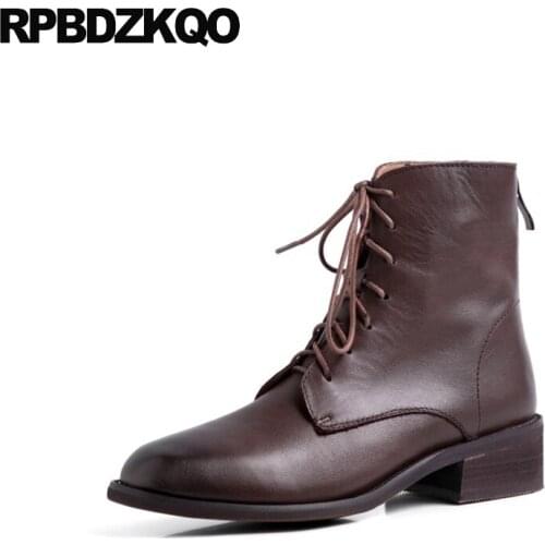 2021 Japanese Shoes Brown Lace Up Combat Military Brand Women Winter Boots Genuine Leather Block Fur Chunky Round Toe Black Warm