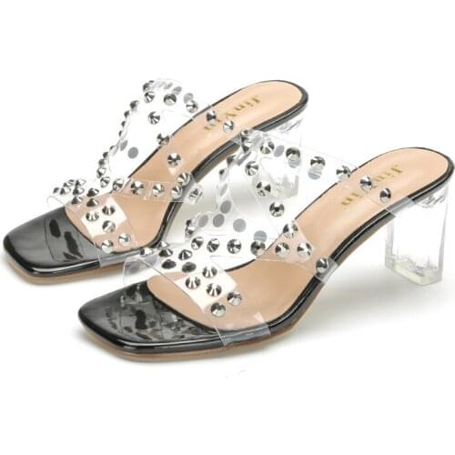 New Women Sandals PVC rivet Slip On 8CM Thick High Heels Square Toe Shallow women shoes sandalias mujer 2020 size 35-42 black