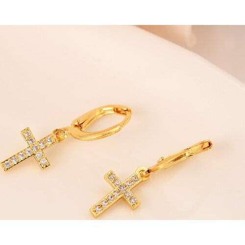 Cz diamond crystal 24k Gold Filled Womens Drop Earring Dangle Earring Charms Jewelry Cross Earrings brincos Vintage girls