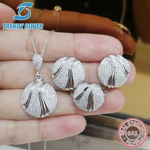 Complete pure 925 sterling silver zirconia clear CZ luxury jewelry set ring earrings for woman pendant necklace trendy design