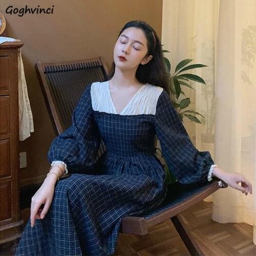 Long Dress Women Plaid Patchwork V-neck Lantern Sleeve Elegant Trendy Ladies Fresh Retro Maxi Dresses Female A-Line Streetwear