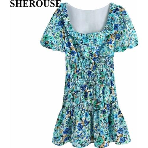 2021 New Summer Women Printed Tunic Dress Pleated Slim Waist Short Dresses Chic Lady Fashion Casual Women Clothes