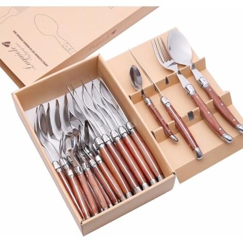 24pcs Top Quality Multifunctional Tableware Set Stainless Steel Brazillian Rosewood Flareware Techinical Western Kitchen Utensil