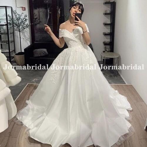 Ball Gown Satin Wedding Dresses 2021 Off Shoulder Lace Appliques Vintage Wedding Bridal Gowns Princess White Vestidos de Noiva