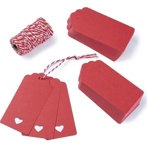 100pcs/set 95x45mm Red Jewelry Display Paper Price Tags For Necklaces Bracelets with Hemp Cord Rectangle with Heart Pandahall