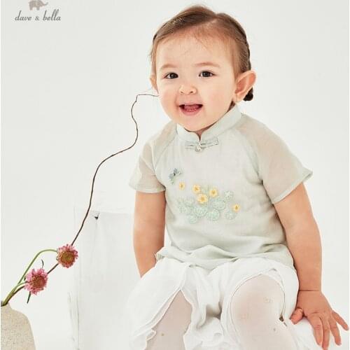 DBM17258 dave bella summer baby girls Chinese style floral clothing sets kids fashion short sleeve sets children 2 pcs suit
