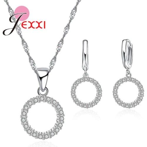 European Simple Round Shape Women 925 Sterling Silver Clear Zircon Pendants Necklace Earrings Jewelry Set For Engagement