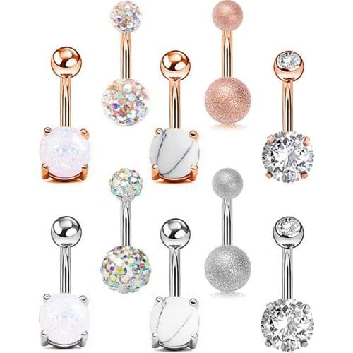 5Pcs Fashion Aobao Zircon Navel Ring Stainless steel Belly Button Rings Pearl Crystal Two Balls Navel Piercing Body Jewelry 14G