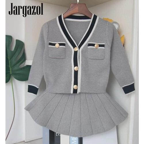 Girls Clothes Set Winter Grey Cardigan with Skirt 2 Pcs Set for Children Outerwear Cute Baby Girl Sets Outfits Sweater Set