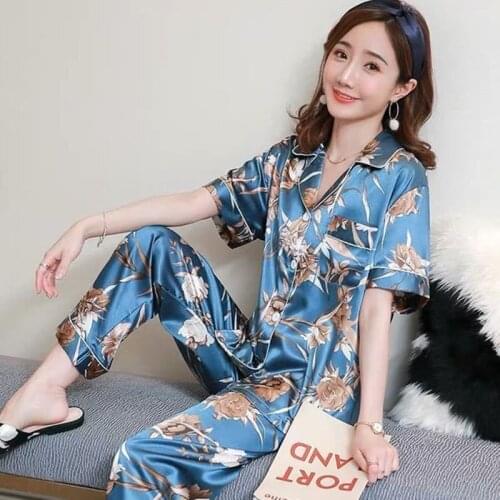 Sleepwear Sets for Women Lovely Pajamas Set Silk Short Sleeve Long Pant Home Wear Lazy Style Women Underwear Pijamas Women Home