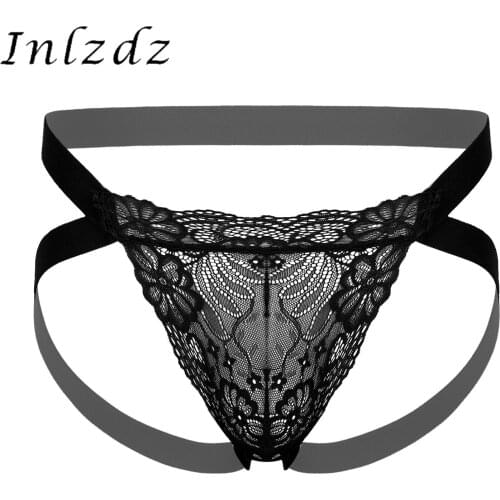 Mens Lingerie T-Back Thongs Panties See-through Lace Bulge Pouch Sissy Underwear Elastic Waistband Jockstrap G-String Thongs