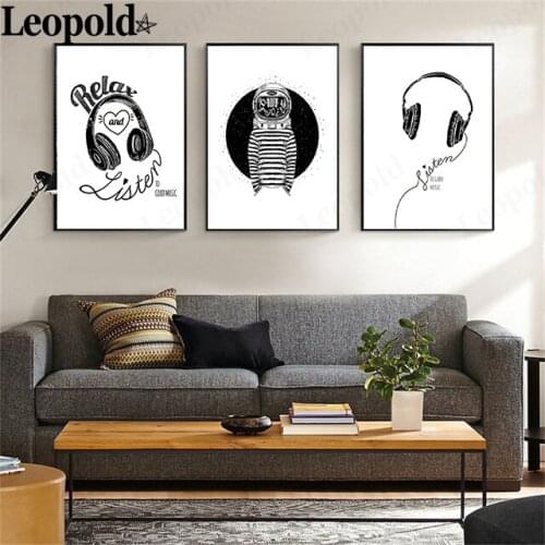 Modern Abstract Headphones Canvas Painting Black and White Lines Music Poster Wall Art Nordic Home Room Decoration Accessories