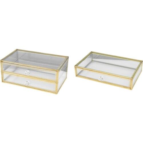 Retro Glass Drawer Makeup Storage Box Cosmetic Jewelry Box Transparent Gold Makeup Organizer for Bathroom Dresser Desktop