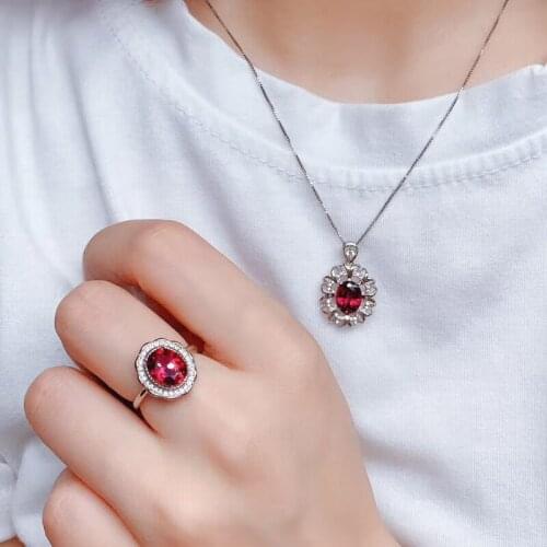 Wedding Best Gift Natural real red garnet luxury style jewelry set 1pc ring 1pc Pandant 925 sterling silver
