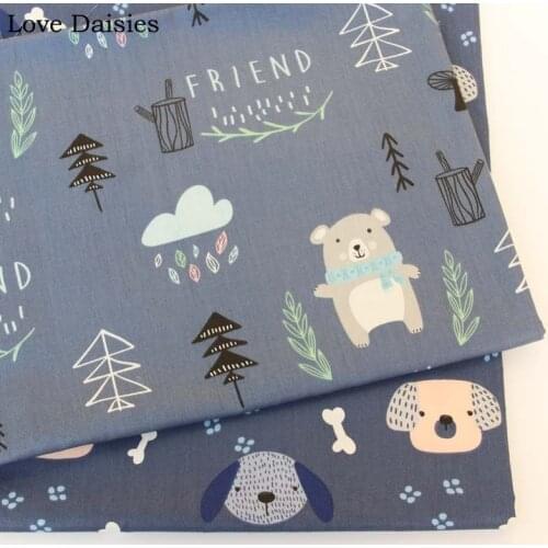 100% Cotton DARK BLUISH GRAY Cartoon Bear Dog Bone Trees Fabrics for DIY Kids Sheet Cushion Apparel Handwork Home Decor