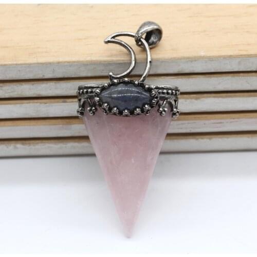 Trendy-beads Antique Silver Plated Moon Geometric Shape Natural Rose Pink Quartz Pendant Labradorite Stone Jewelry