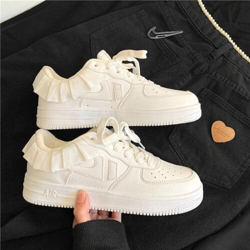 2021 New Women Shoes Korean Womens Sneakers Pink Thick-soled White Shoes Flat Shoes Autumn Lace-up Female Vulcanized Shoes
