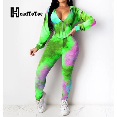Tie Dye Print Zip Fashion Sporty 2 Piece Set Women Full Sleeve Hooded Skinny Pencil Two Piece Outfits Woman