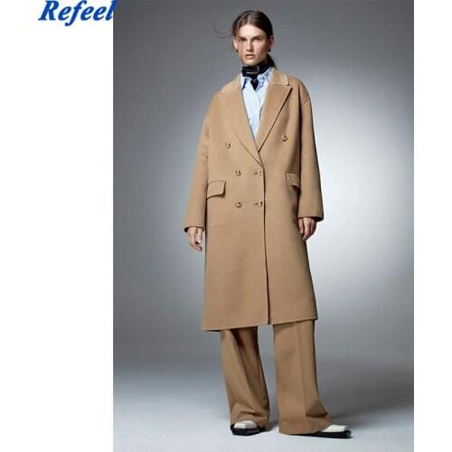 Women Fashion Double Breasted Loose Coat Vintage Long Sleeve Back Vents Female Outerwear Chic Overcoat