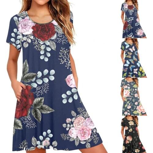 Summer Women Casual Dress Floral Print Knee Length Summer Round Neck Short Sleeve Side Pockets Dress for Party Women Clothes