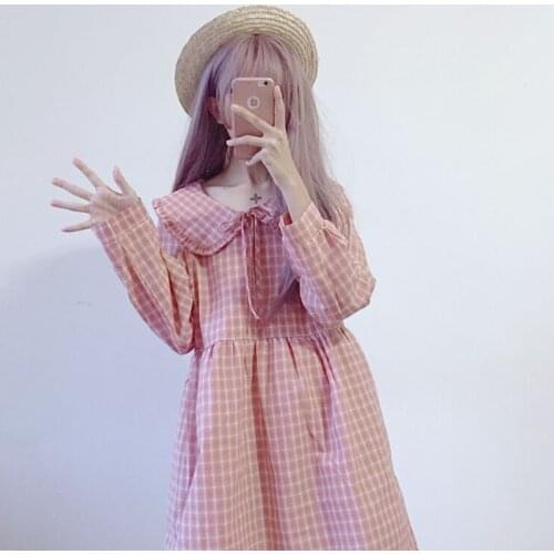 Preppy Style Women Long Sleeve Loose Dress Peter Pan Collar Cute Women Doll Dress Spring Women Fashion One Piece Sweet Girls