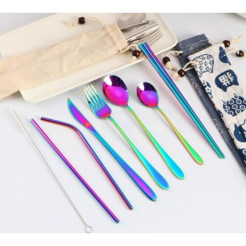7pcs Stainless Steel Portable Cutlery Set Straw Chopsticks Knife Spoon Set Creative Kitchen Accessories Eco Friendly Tableware