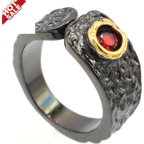 7x7mm Neo-Gothic Created Red Blood Ruby For Ladies Street Jewelry Cool Black Metal Silver Rings