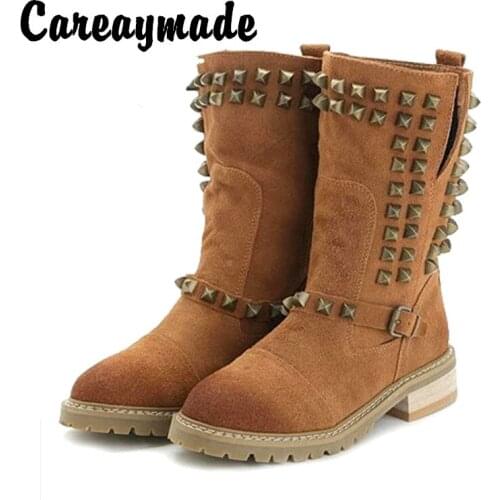 Careaymade-Pure Handmade Ma Ding boots high quality Warm Rivets boots sanding belt buckle flat lamb hairs long boots high boots