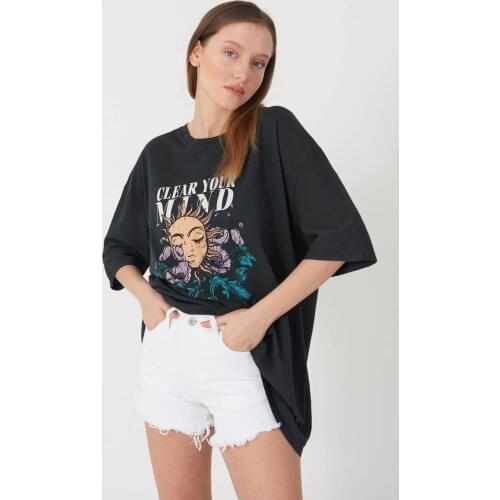Addax Women Smoked Printed Oversize T-shirt