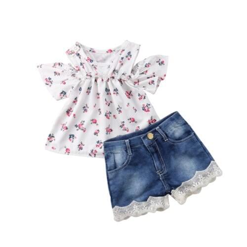 Newborn Kid Baby Girl Off Shoulder Floral T-shirts+ Lace Denim Pants Shorts Outfits