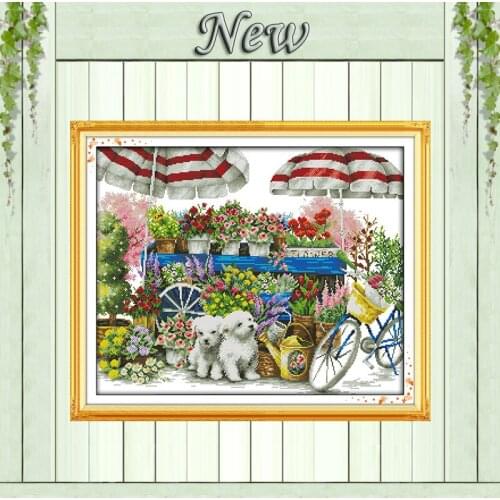 Sunny flower shop scenery paintings counted printed on canvas DMC 11CT 14CT kits Chinese Cross Stitch embroidery needlework Sets