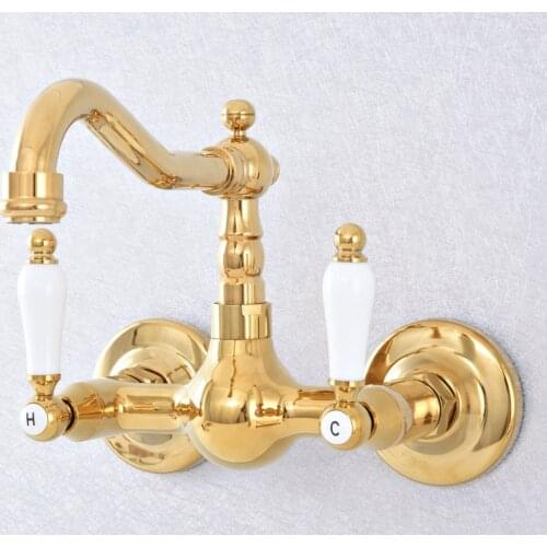 Kitchen Faucet Gold Polished Brass Wall Mounted Dual Handle Faucet Hot and Cold Bathroom Faucet Basin Mixer Swivel tub Faucet