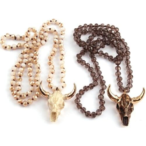 Fashion Bohemian Tribal Jewelry Long Crystal Glass Knotted Horn Pendant Necklaces For Women Ethnic Necklace