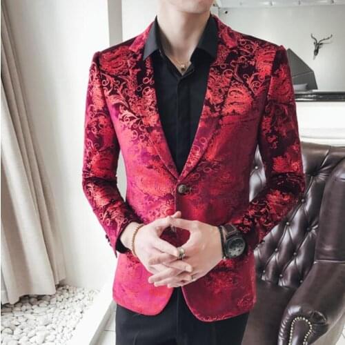 Vintage Printing Mens Nightclub Party Clothing Fashion Single Row One Buckle Youth Daily Casual Plus Size Blazer