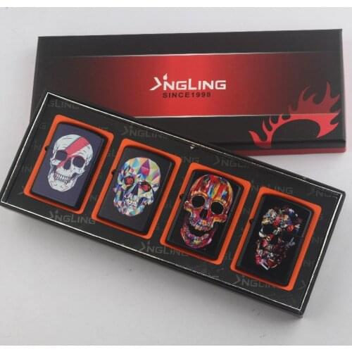 One Set Four-piece Lighters Kerosene Metal Skull Beauty Color Print Smoking Gift For Men