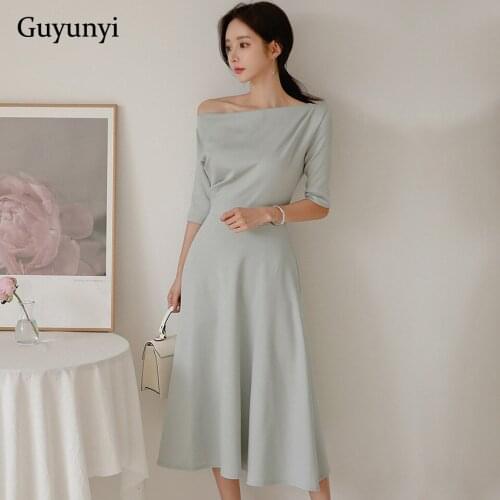 Plain Color Elegant Party Dress 2019 Autumn Sexy Slash Neck Half Bat Sleeve Simple Oversized Loose Hem Womens Dresses