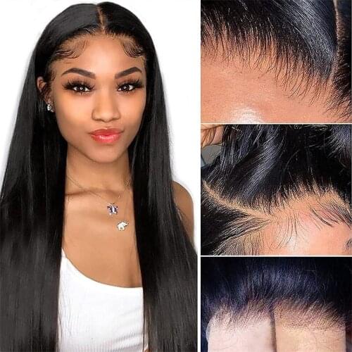 Black Color Synthetic Lace Front Wigs with Baby Hair Straight Glueless Lace Wigs with Pre Plucked Natural Hairline For Women
