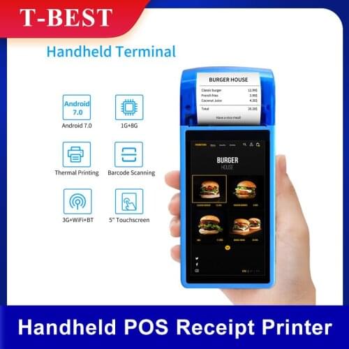 Handheld POS Receipt Printer Android 7.0 PDA Terminal 1D/2D/QR Barcode Scanner 3G WiFi BT Communication with 5 Inch Touchscreen