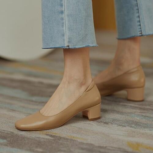 New Genuine Leather Women Shoes Square Toe Slip-On Casual Shoes Thick Heel Fashion Spring/Autumn Solid Color Pumps Size 34-40