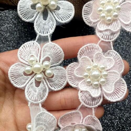 1Yard Pink/white 3Style Beads Lace Flower Trimming Children Dress Patch Wedding Accessories X382