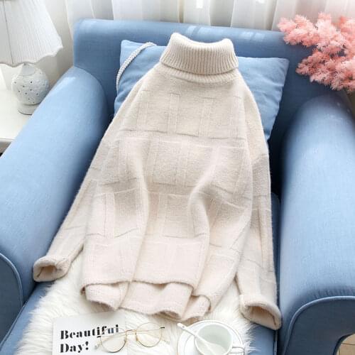 Women Solid Color Turtleneck Pullovers Sweater Autumn New Loose Casual Wild Thicken Warm Winter Lady Elegant Knitted Tops M341