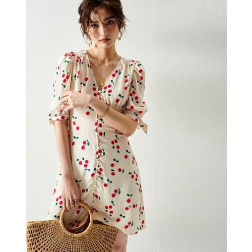 100% Silk Dress Cherry Print Deep V Neck Half Sleeve Single-Breasted Elastic Waist Top Grade Fabric Elegant Style New Fashion