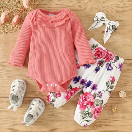 PatPat Baby Girl 3pcs Solid Ribbed Ruffle Long-sleeve Romper and Floral Trouser Set