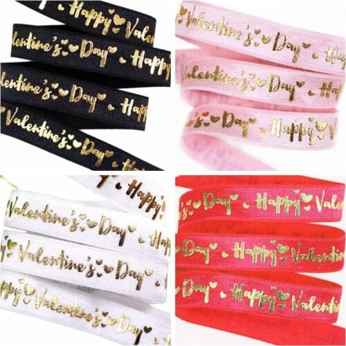 5/8" Gold foil happy Valentine Day text and hearts FOE elastic fold over elastic for Valentine design welcome custom printed