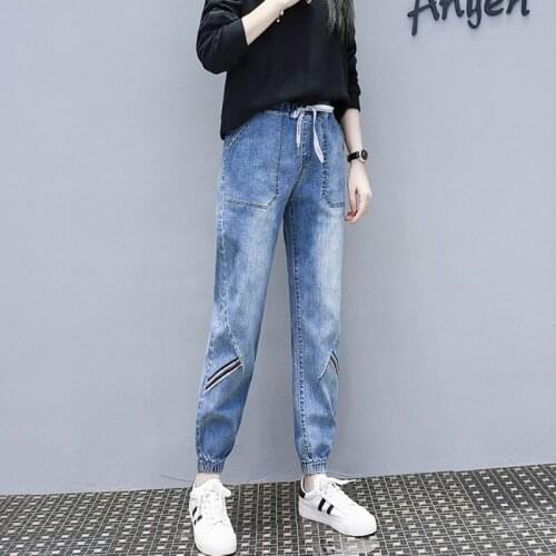 Elastische Taille Grote Zak Patchwork Jeans Vrouwen Hoge Taille Enkellange Cargo Broek Dames Lace Up Bundel Voet Losse Zachte co